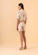 Short estampado de cintura alta com bolsos e Linho