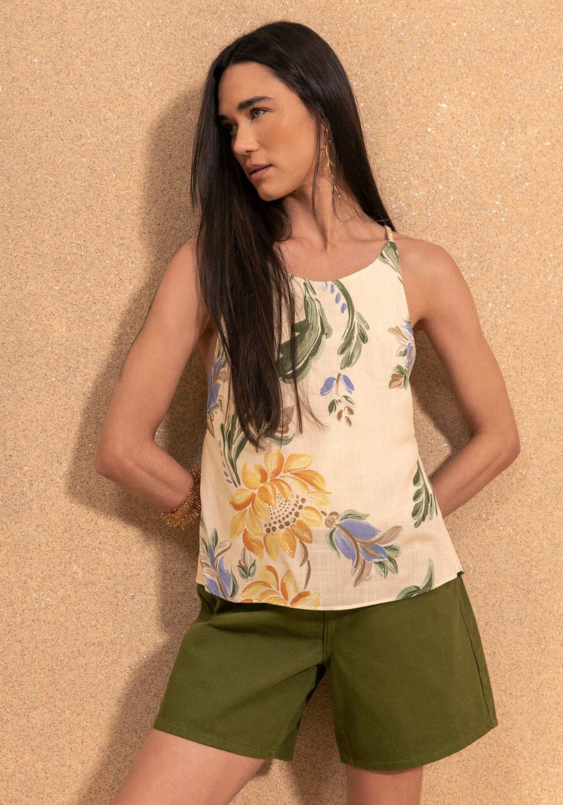 Blusa estampada com alças trançadas e decote nas costas