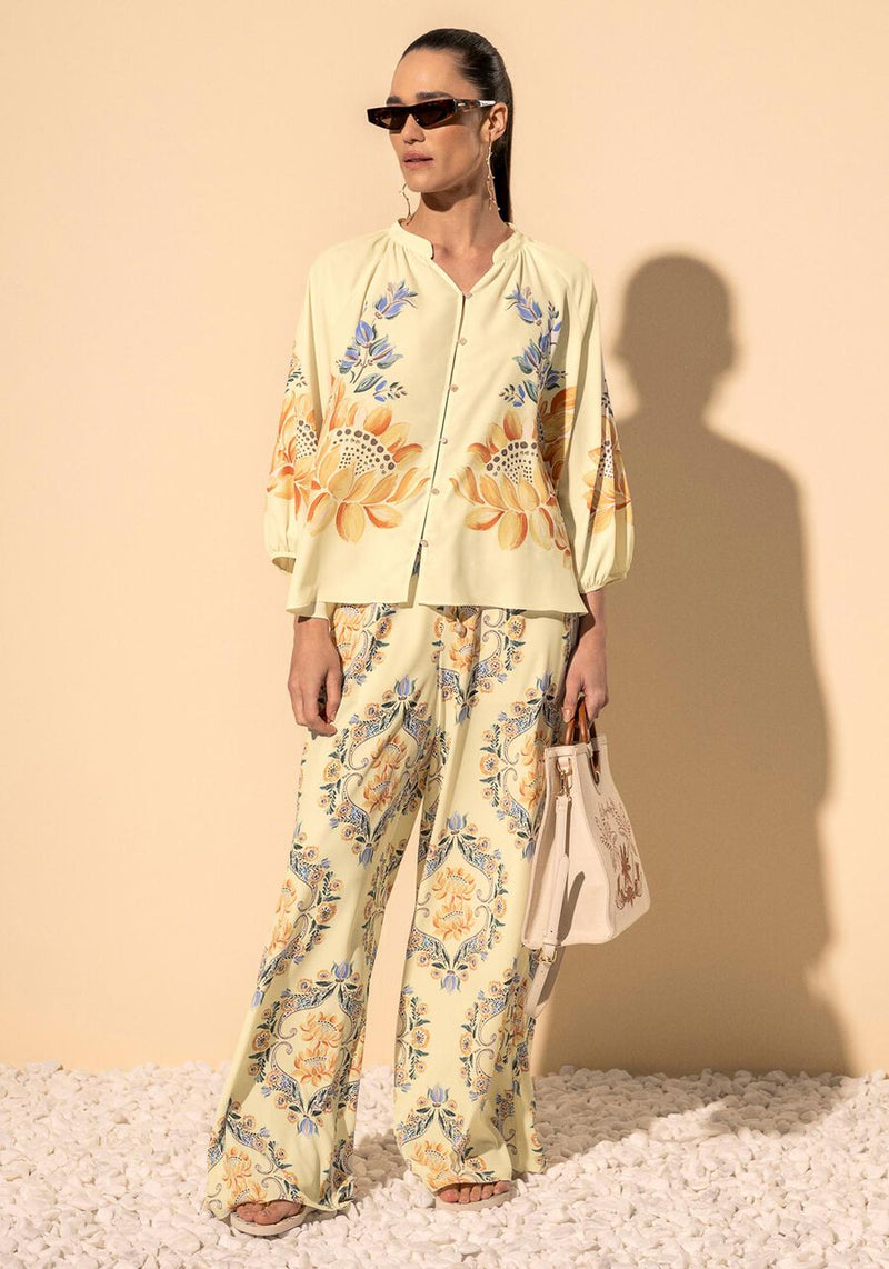 Calça Pantalona estampada de cintura alta com cordão no cós
