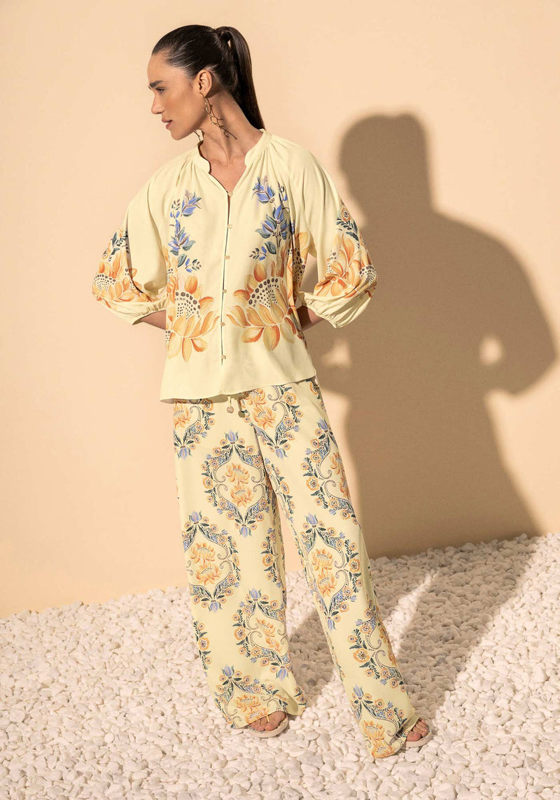 Calça Pantalona estampada de cintura alta com cordão no cós